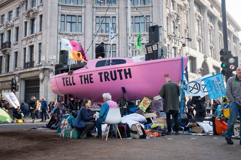 The boat parked at Oxford Circus during the Extinction Rebellion protest