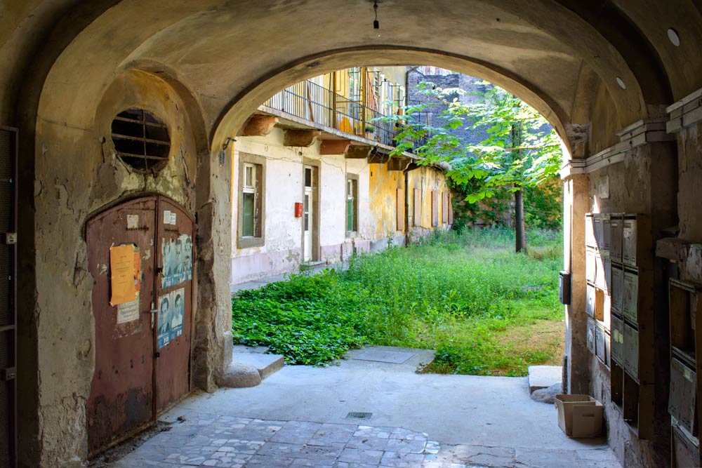 View through an archway off a street in Budapest