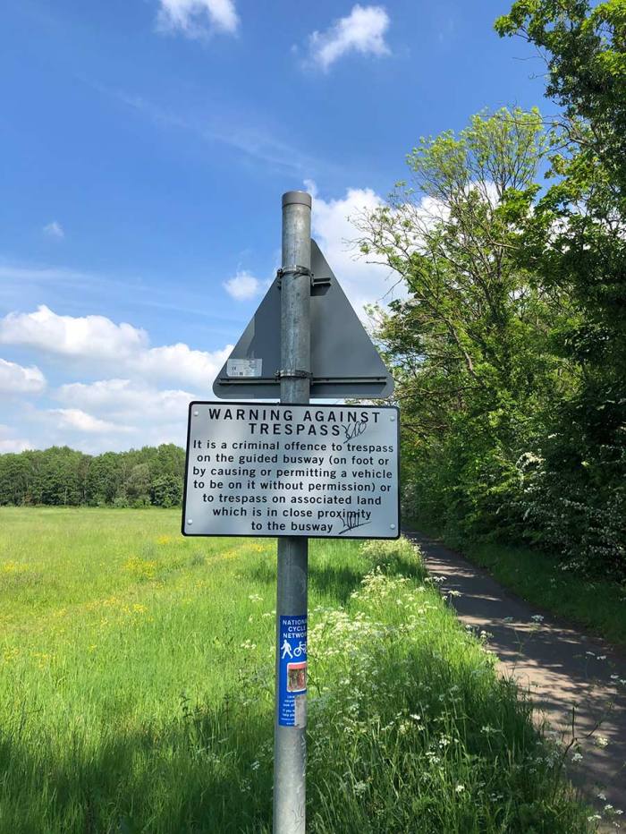 guided busway warning sign outside Cambridge