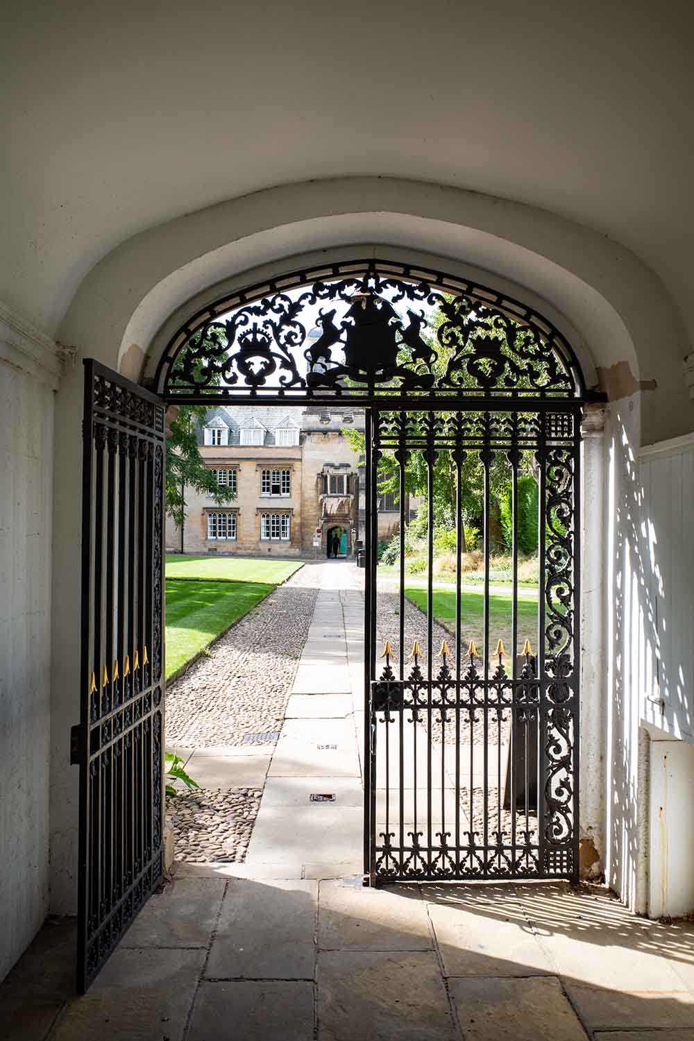 a view from within the Fellows Garden of Christ's College, Cambridge, looking towards the quadrangle near the entrance of St Andrew's Street.