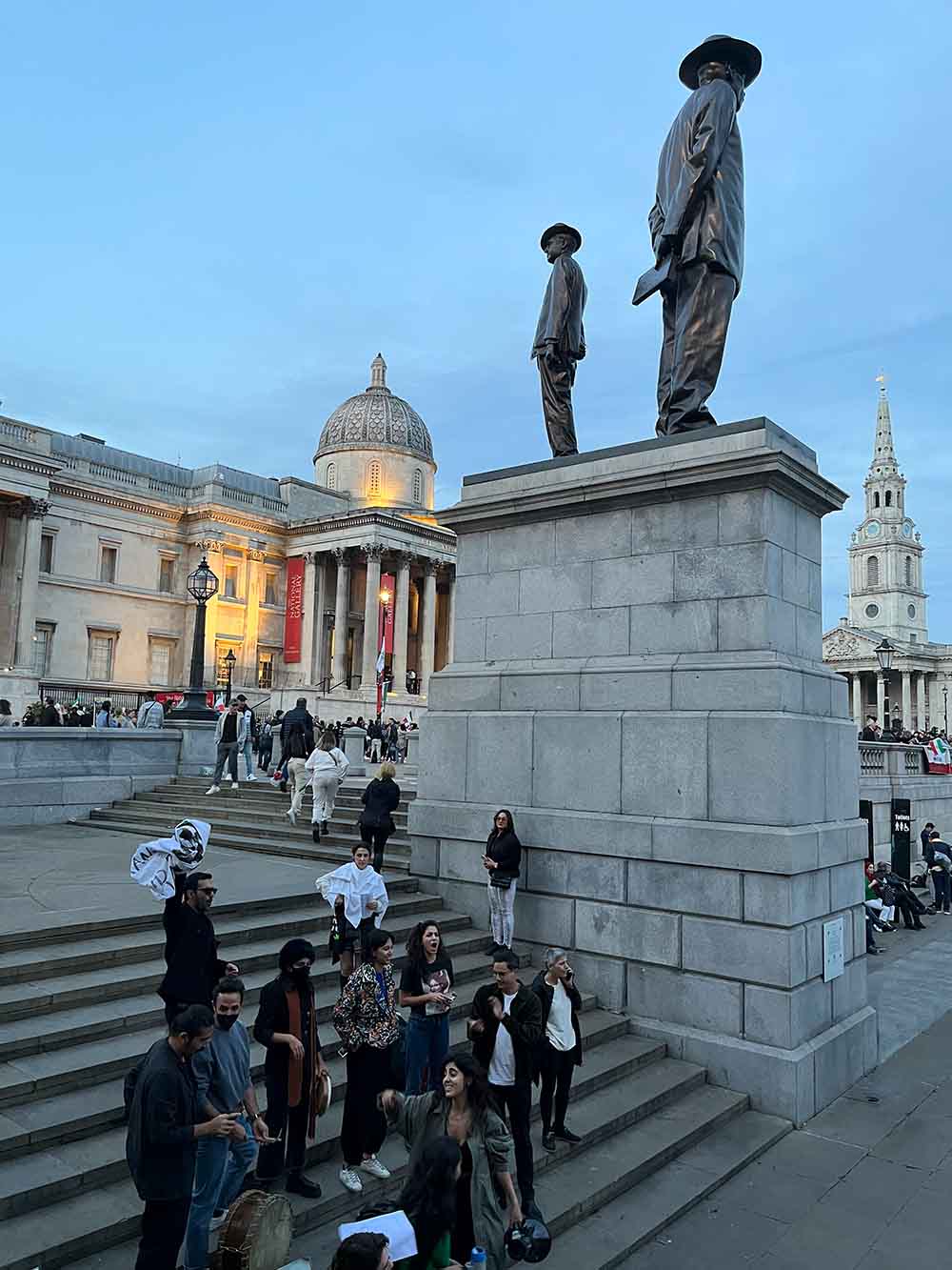 Sculpture, entitled Antelope, on a plinth at Trafalgar Square, London re-stages a photograph of Baptist preacher and pan-Africanist John Chilembwe and European missionary John Chorley.