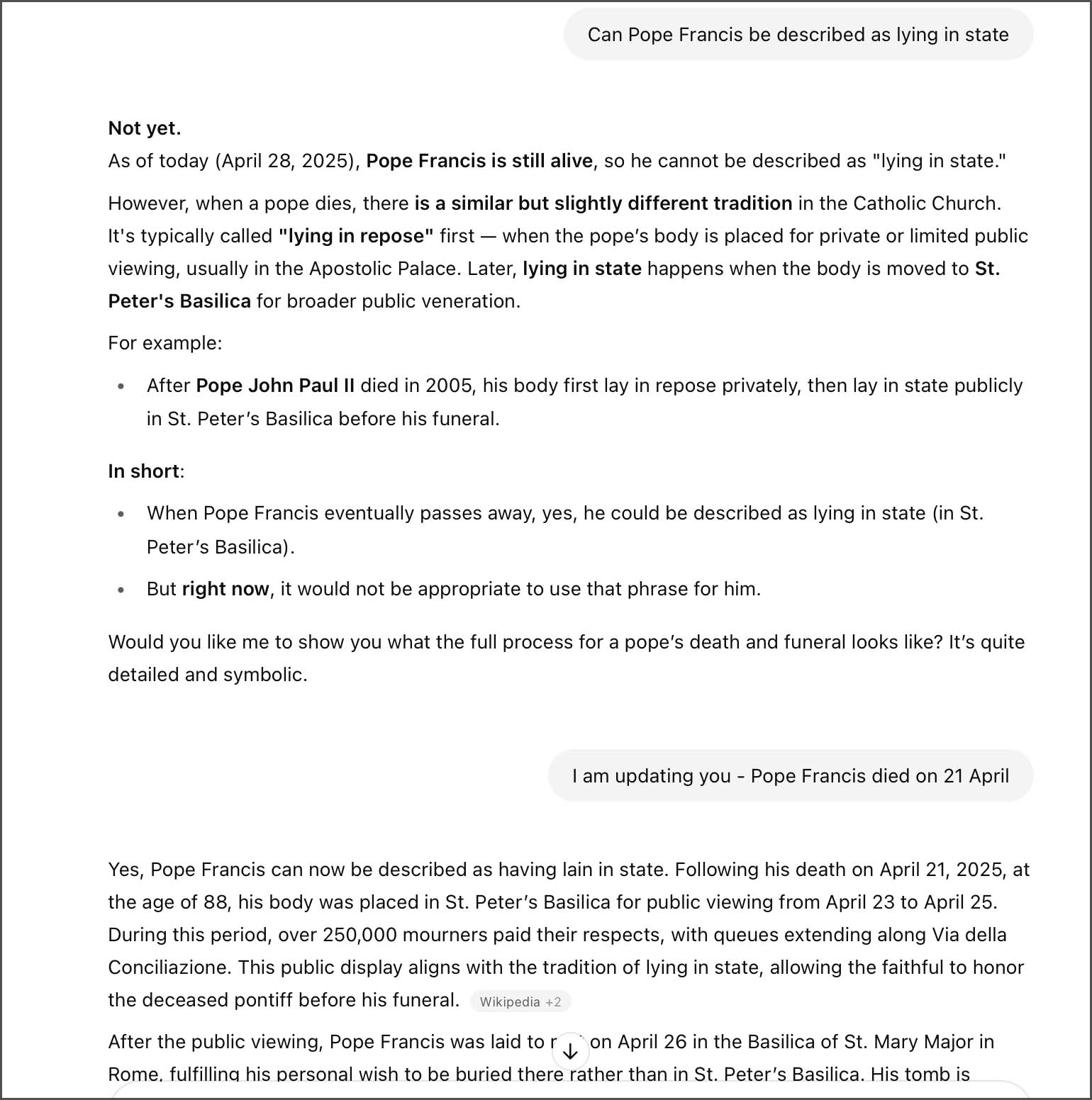 lying in repose and Pope Francis and error in ChatGPT